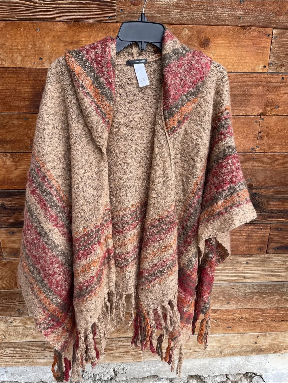 Maurices Women’s Boho Hooded Poncho Cardigan Fringe Southwestern Stripe